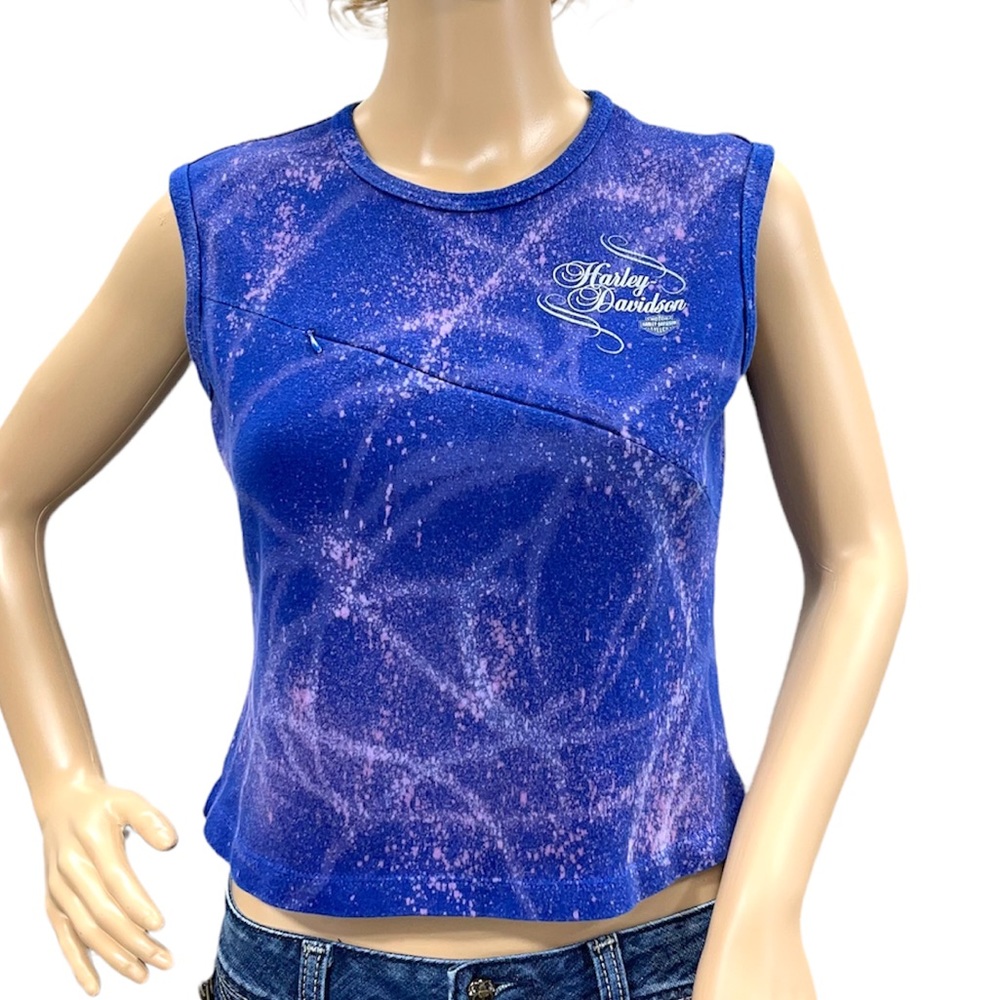 HARLEY-DAVIDSON Upcycled Vintage Tie Dye Women’s Blue Crop Tank Top Size Large